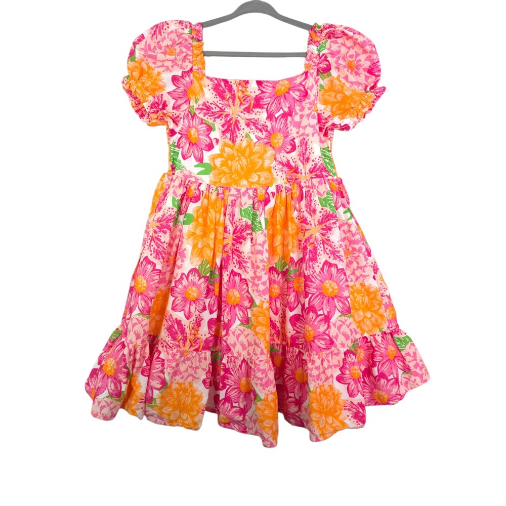 Joie Floral Tiered Puff Sleeve Dress Girls Size 7 Cotton Pink Orange Smocked